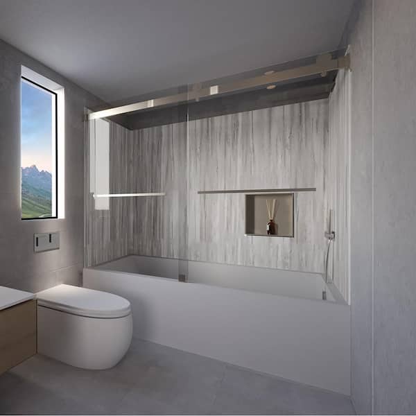 NuVo Driftwood-Tetherow 60 in. L x 30 in. W x 83 in. H Rectangular Tub/ Shower Combo Unit in Brushed Nickel Right Drain