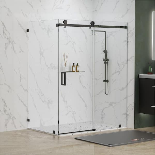 Serenity 60 in. W x 40 in. D x 76 in. H Sliding Frameless Corner Shower Enclosure in Matte Black with Clear Glass