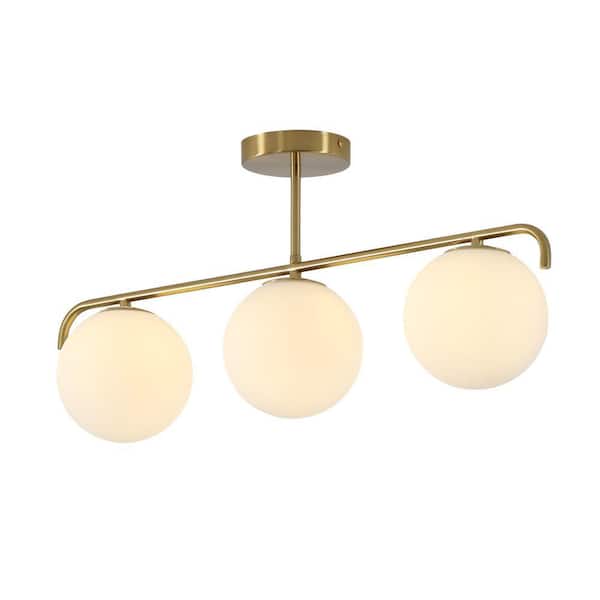 3 Lights Brass Linear Chandelier for Living Dining Room Bedroom with Globe Milk Glass Shade, 27.3 in.