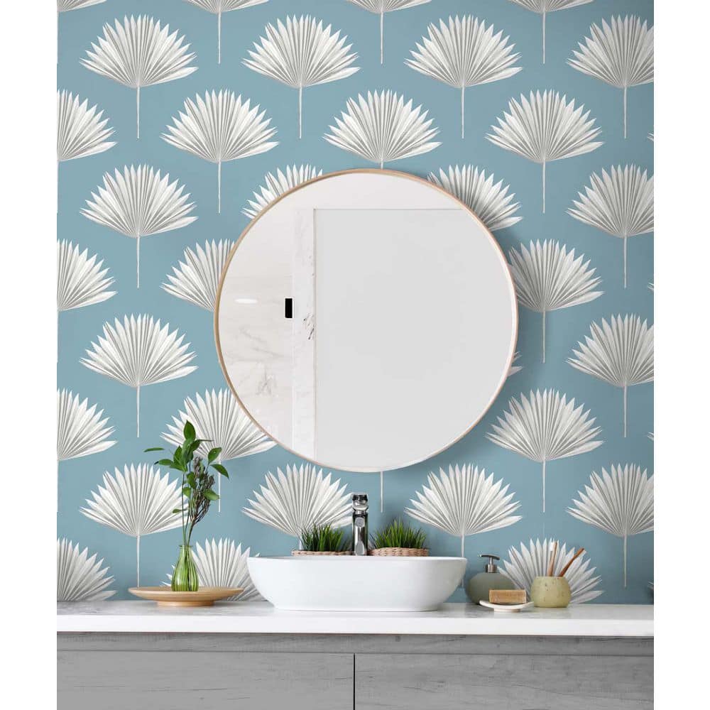 Blue Patina Tropical Fan Palm Vinyl Peel and Stick Wallpaper Roll