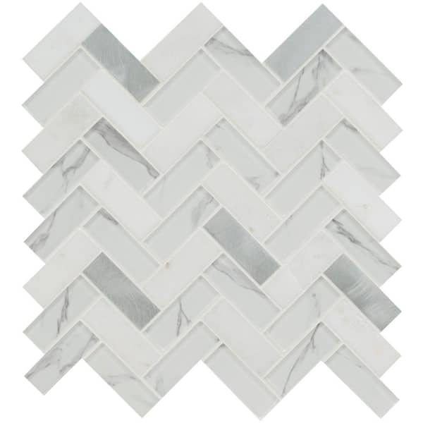 Bytle Bianco Herringbone 13 in. x 14 in. x 0.24 in. Glass Mesh-Mounted Mosaic Wall Tile (15 sq. ft./Case)