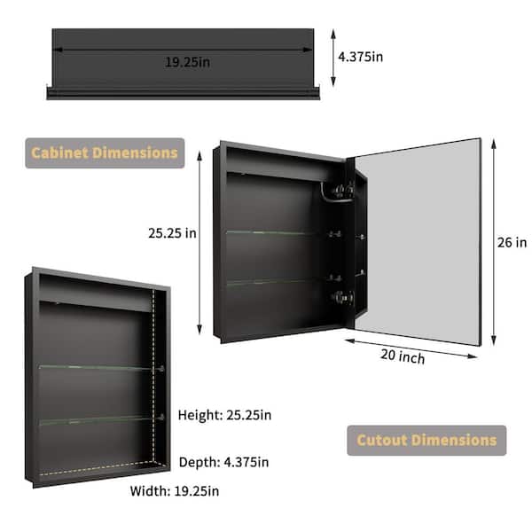 Velux 20 in. W x 26 in. H Rectangular Aluminum Recessed/Surface Mount Right Dimmable Medicine Cabinet with Mirror LED
