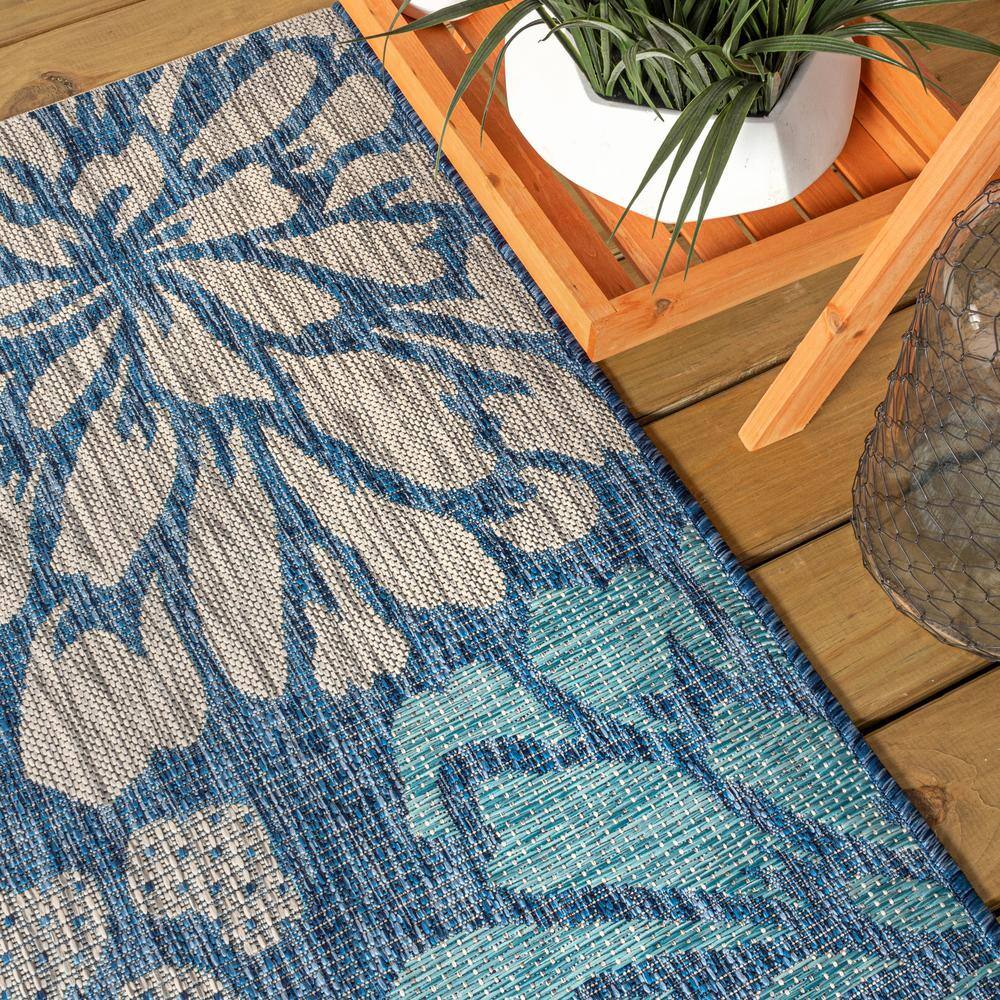 Navy and Aqua Floral Flat Woven Runner Rug