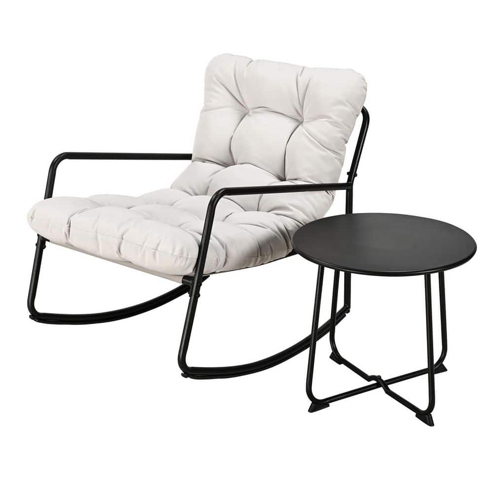 2-Piece Black Metal Outdoor Rocking Chair Set with Off-White Cushions and Side Table price history on PriceWatchPro