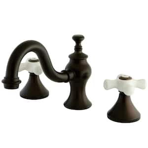 Porcelain Cross 8 in. Widespread 2-Handle High-Arc Bathroom Faucet in Oil Rubbed Bronze