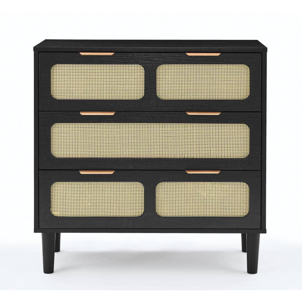 31.5 in. W x 13.75 in. D x 31.25 in. H Black Rattan Linen Cabinet with 3 Wi