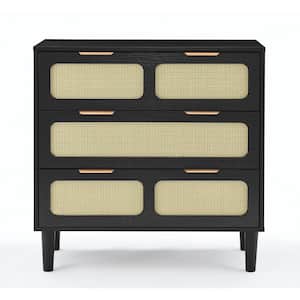 31.5 in. W x 13.75 in. D x 31.25 in. H Black Rattan Linen Cabinet with 3 Wide Drawers and Metal Handles