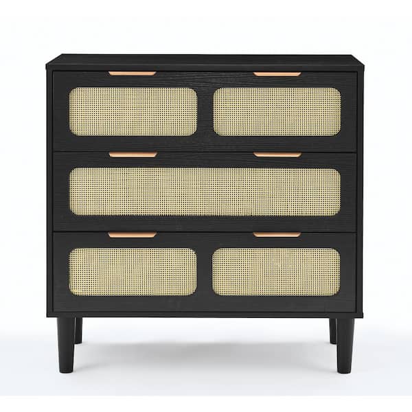 Unbranded 31.5 in. W x 13.75 in. D x 31.25 in. H Black Rattan Linen Cabinet with 3 Wide Drawers and Metal Handles