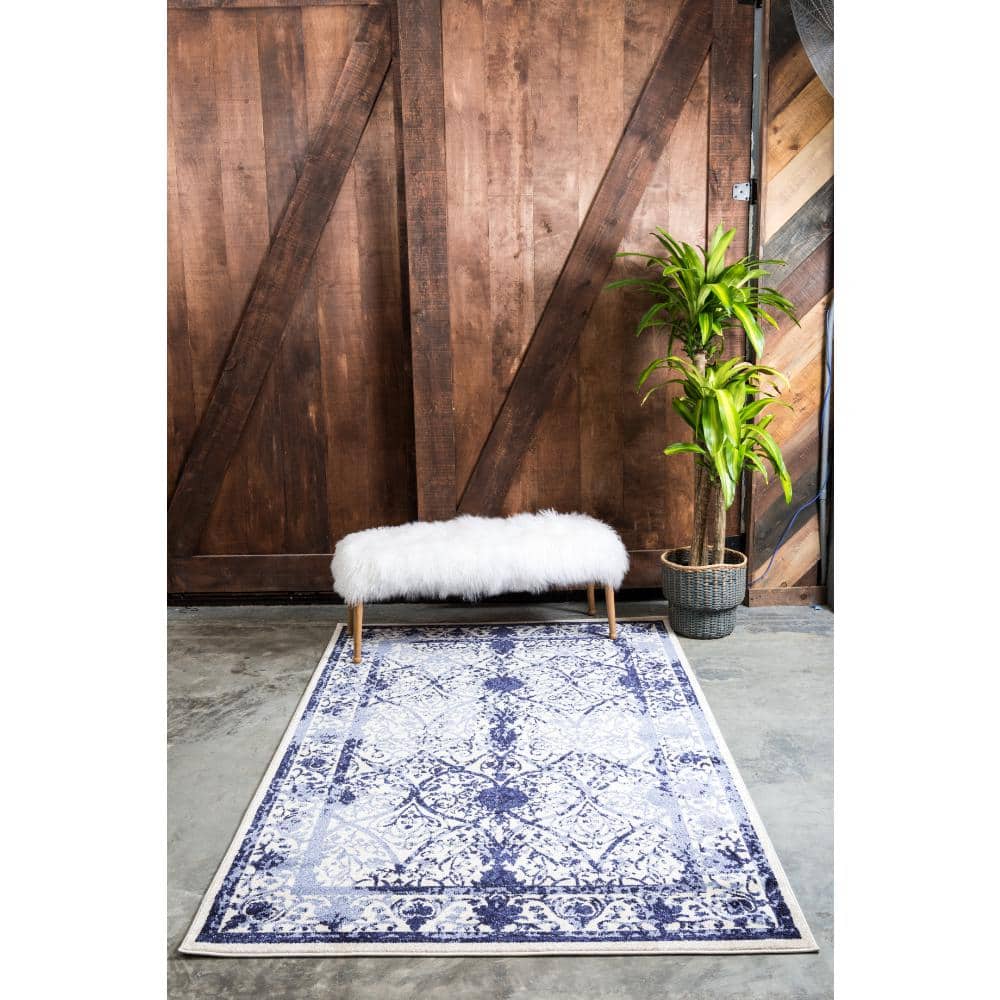 Blue Floral Motif Synthetic Low Pile Area Rug