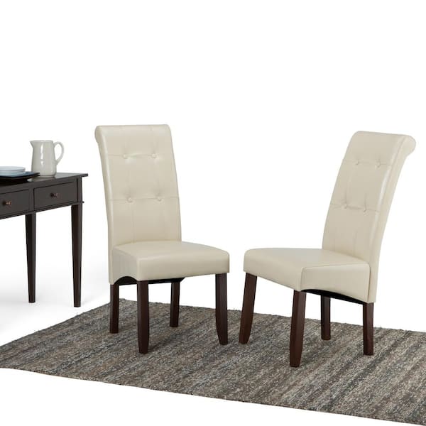 Cosmopolitan Transitional Deluxe Tufted Parson Chair in Satin Cream Faux Leather (Set of 2)