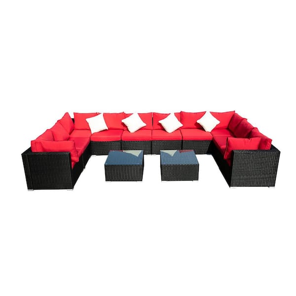 OVASTLKUY Black 12-Piece Rattan Patio Outdoor Furniture Set with Coffee Table and Red Cushions