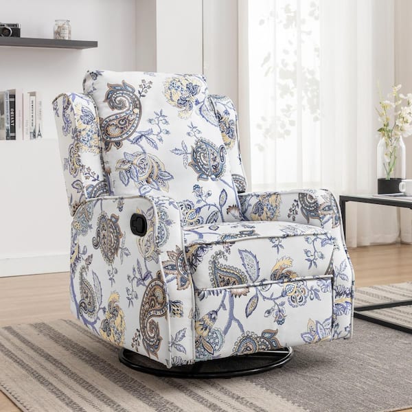 LUE BONA Floral Print linen fabric 360° Swivel Glider Rocker Recliner, Nursery Glider Chair