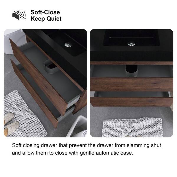 JimsMaison 36 in. W x 18 in. D x 25 in. H Wall Mounted Bath Vanity in  Walnut with Black Quartz Sand Top JMAliceW-36WLB