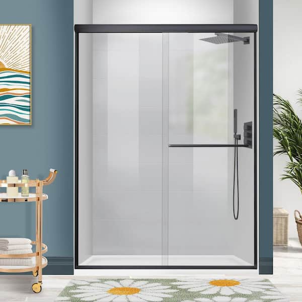 WELLFOR 54 in. x 72 in. Semi-Frameless Double Sliding Door with Clear Glass in Black