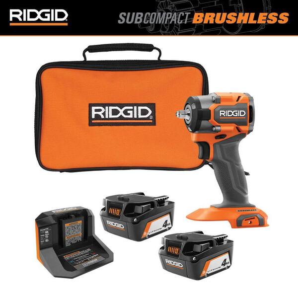 RIDGID 18V (2) 4.0 Ah Batteries and Charger Kit with 18V Brushless SubCompact 3/8 in. Impact Wrench
