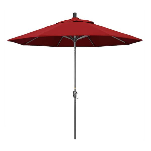California Umbrella 9 ft. Hammertone Grey Aluminum Market Patio Umbrella with Push Button Tilt Crank Lift in Red Pacifica
