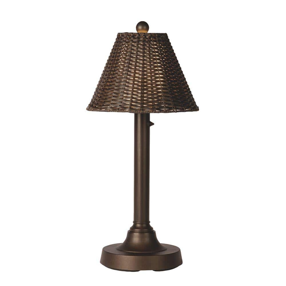 Bronze Outdoor Table Lamp with Walnut Wicker Shade