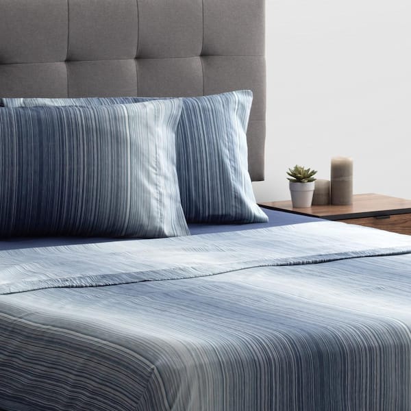 Unbranded Safdie & Co. 4-Piece Navy Striped Polyester King Sheet Set