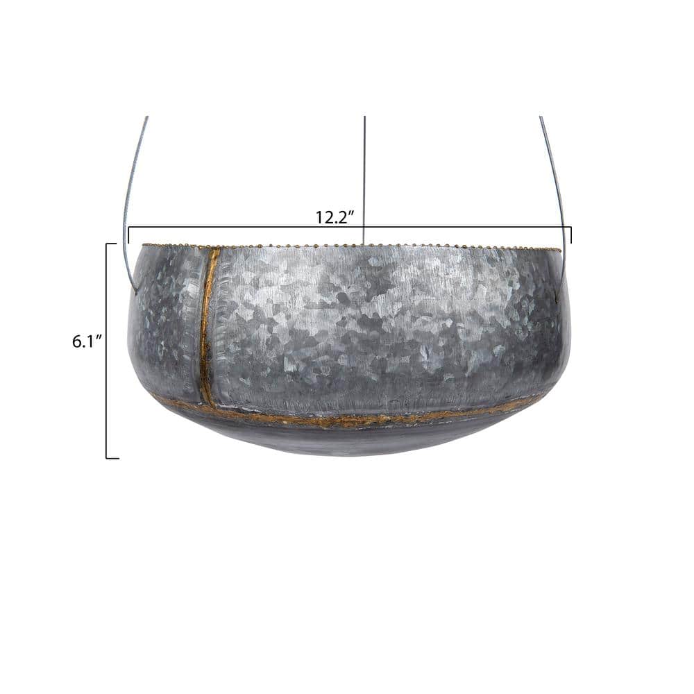 Round Galvanized Metal Hanging Planter with Gold Accents