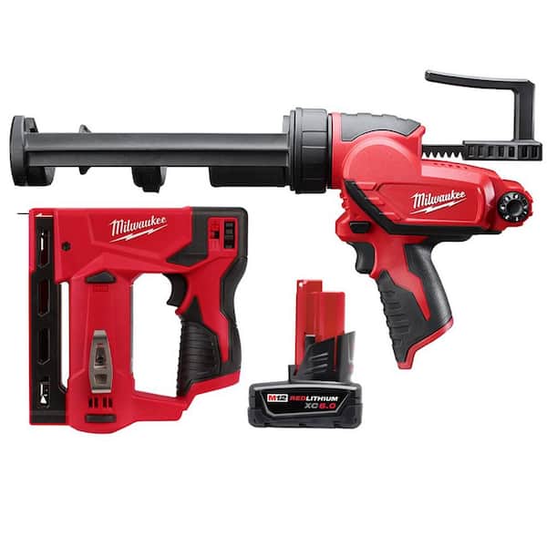 Milwaukee M12 12V Lithium-Ion Cordless 3/8 in. Crown Stapler with M12 10 oz. Caulk and Adhesive Gun and 6.0Ah XC Battery Pack