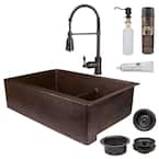 All-in-One Copper Rectangle 33 in. 60/40 Double Bowl Short 5 in. Divider Farmhouse Apron Kitchen Sink with Accessories