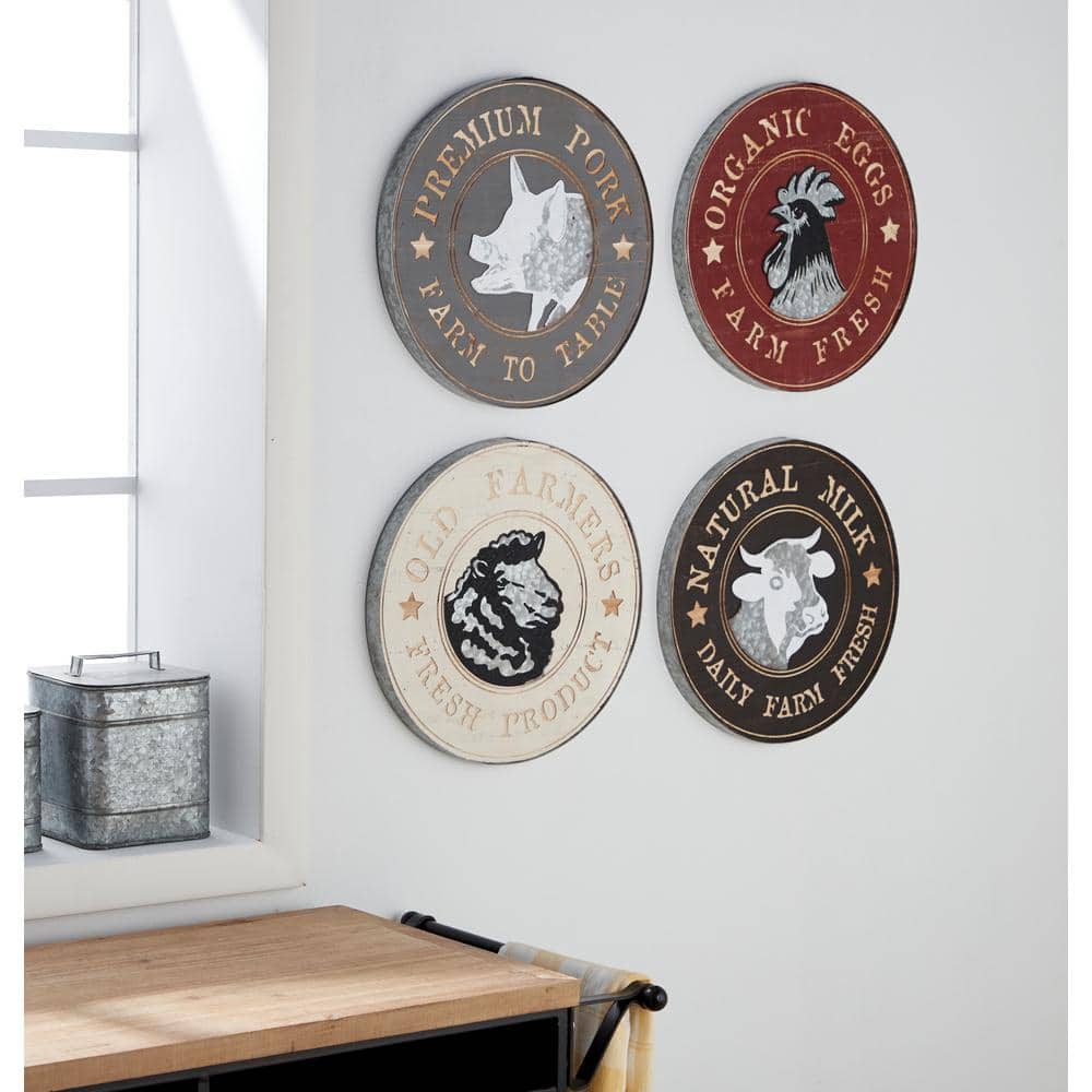 Farmhouse Rustic Wood and Metal Round Animal Wall Art Set of 4