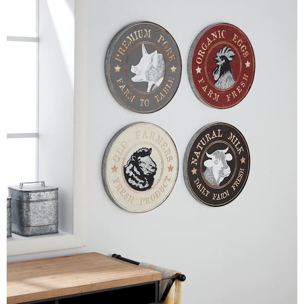 Litton Lane 14 in. Each Farmhouse Wood and Metal Round Wall Art (Set of 4)