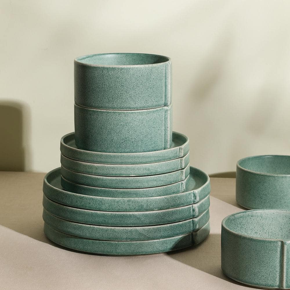 Green and White Ceramic 24-Piece Dinnerware Set for 8
