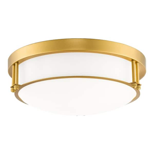 JAZAVA 12 in. 2-Light Gold Modern Flush Mount Ceiling Light with Brass With Frosted Glass