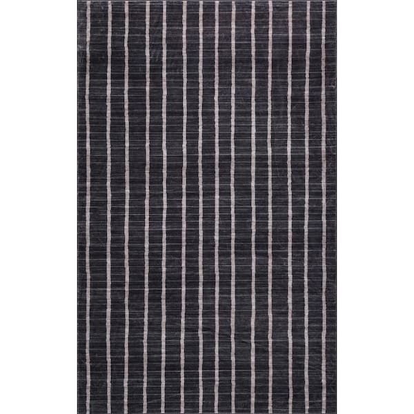 Orton Distressed Ticking Stripe Non-Slip Machine-Washable Charcoal/Cream 8 ft. x 10 ft. Area Rug