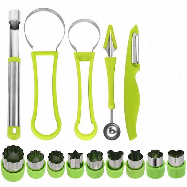 14 Pack 4‑in‑1 Stainless Steel Fruit Tool Kit with Fruit Vegetable Shapes Cutter Peeler for Home Kitchen Party Dessert
