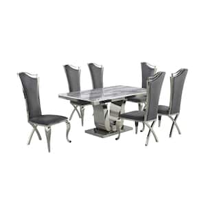 Ada 7-Piece White Marble Top with Stainless Steel Base Table Set with 6-Long Back Dark Grey Velvet Chairs
