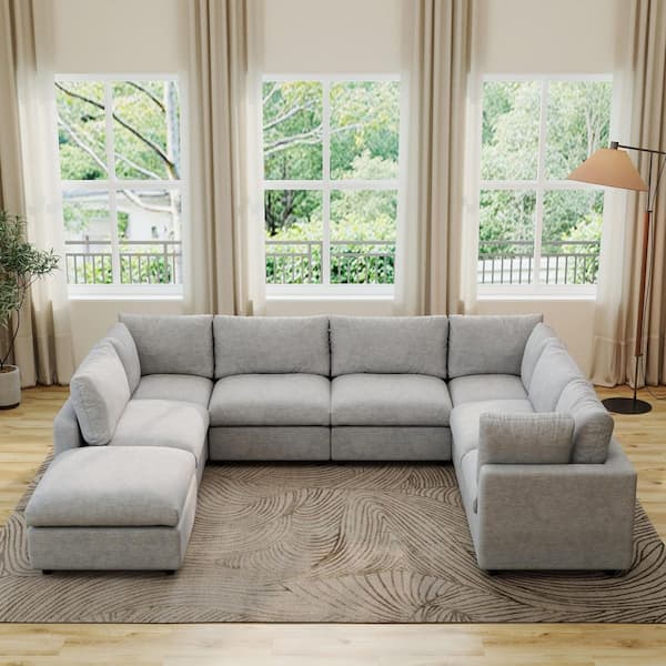 Sofa Covers Washable, 134 in. Square Arm 8-Piece Chenille Modular Sectional Sofa with Ottoman, Solid Wood Frame in. Gray