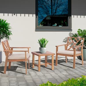 Brown 3-Piece Acacia Wood Patio Furniture Set with Light Gray Cushions