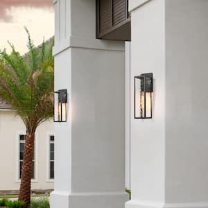 Modern 16.5 in. Black Outdoor Hardwired Wall Lantern Sconce with Textured Glass Shade and No Bulb Included