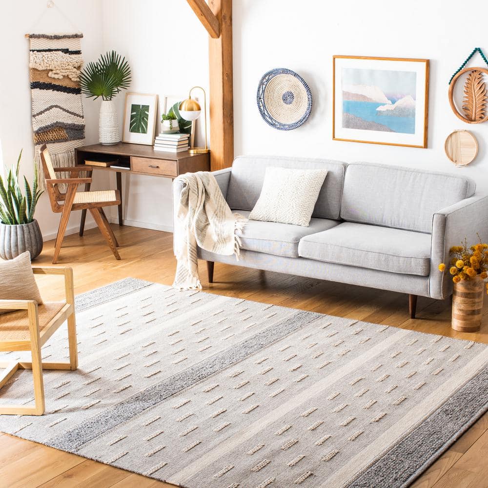 Ivory and Gray Striped Wool Cotton 8' x 10' Flat Woven Area Rug