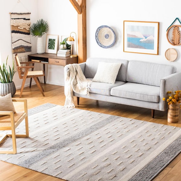 Striped Kilim Ivory Grey 9 ft. x 9 ft. Striped Square Area Rug