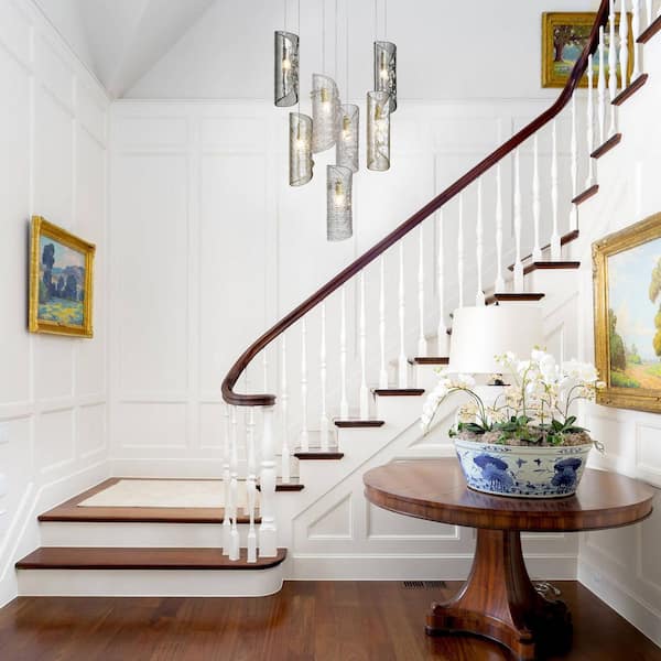 60-Watt19 in. 7-Light Nickel Pendant Light Art Glass Shade