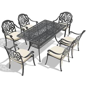 7-Piece Cast Aluminum Rectangle Table 28.35 in. Outdoor Dining Set with Seat Cushions in Random Color