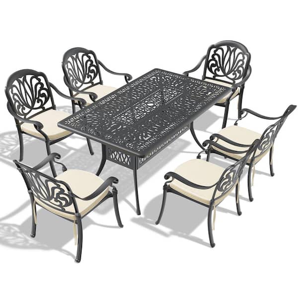 SUNRINX 7-Piece Cast Aluminum Rectangle Table 28.35 in. Outdoor Dining Set with Seat Cushions in Random Color