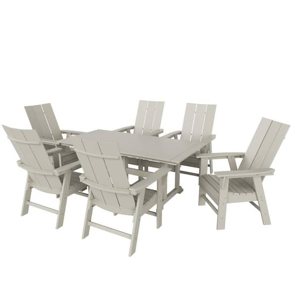 Shoreside Outdoor Patio Weather Resistant Sand 7-Piece HDPE Plastic Adirondack Dining Set