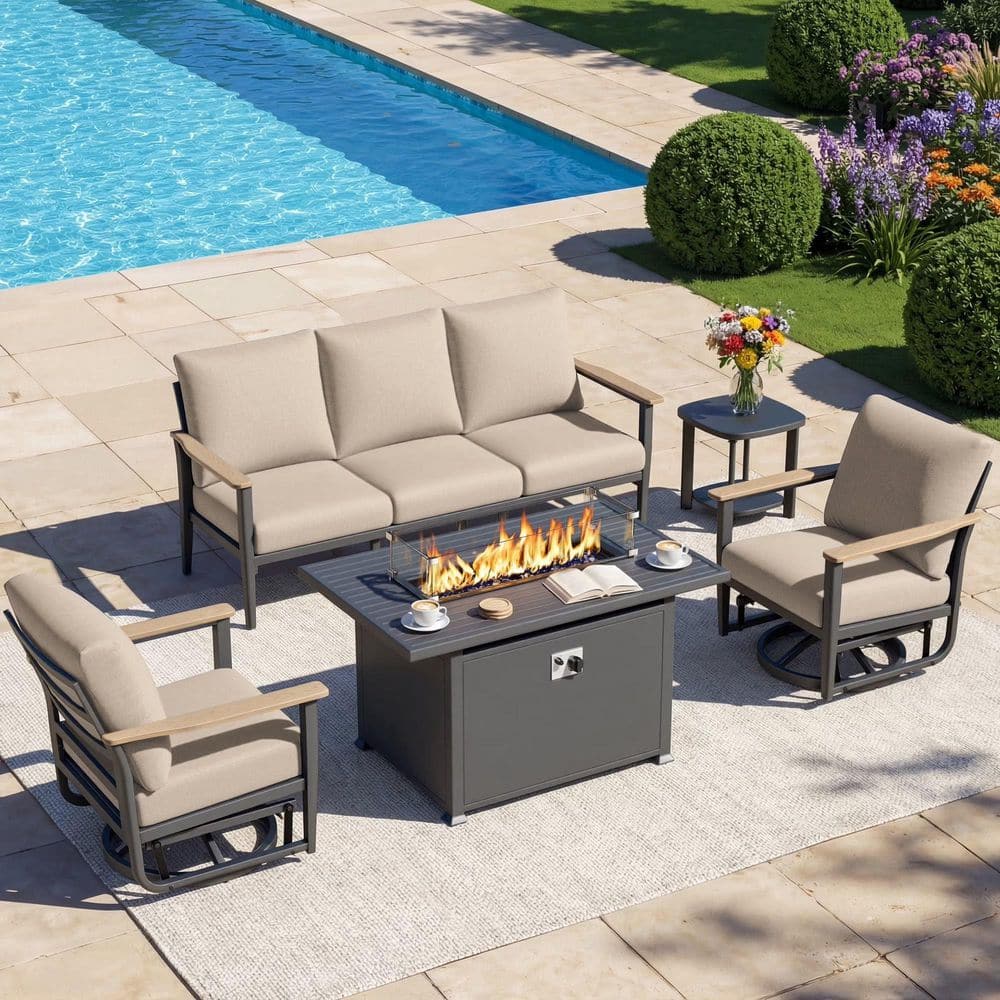Lunara Modern 5-Piece Aluminum Patio Conversation Set with 5.1 in. Olefin Beige Cushions price history on PriceWatchPro