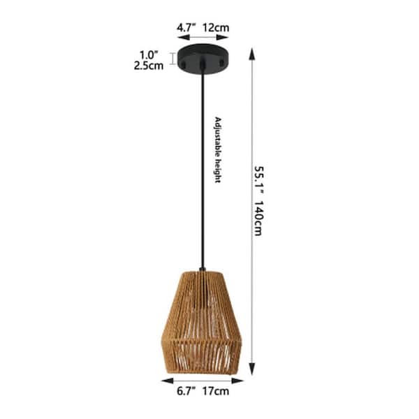 Arteo 7 in. 3-Light E26 Wood Iron Adjustable Chandelier Hemp Rope Pendant Light for Kitchen Island and Living Room