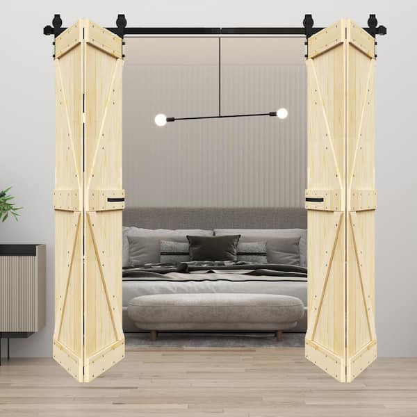 ISLIFE K Style72in. x 84in. (18''x84''x4Panels)Unfinished Solid Wood Bi-Fold Barn Door With Hardware Kit-Assembly Needed