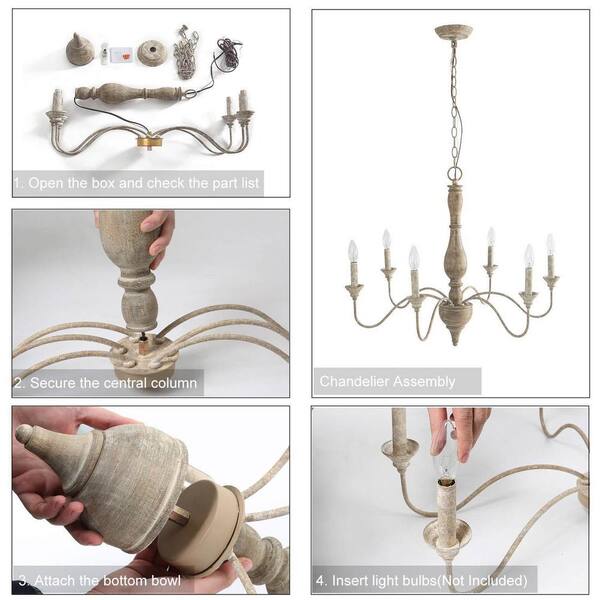 Lnc 6 Light Rustic Farmhouse Wood Chandelier 29 5 In W With Antique White French Country Accents And Classic Candle Style A03472 The Home Depot