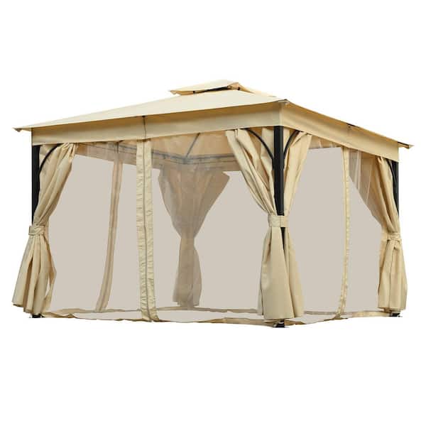10 ft. x 12 ft. Outdoor Gazebo Tent with Double Roofs, Patio Gazebo with Mosquito Netting and Privacy Screens, Beige