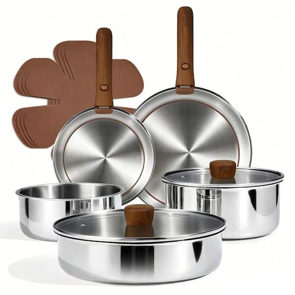 13-Piece Stainless Steel Cookware Set with Detachable Handle, Pots and Pans Set, RV/Camping Cookware, Oven Safe