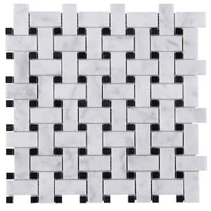 Carrara Black Dot 12.01 in. x 12.01 in. Basketweave Polished Marble Mosaic Tile (10.1 sq. ft./Case)