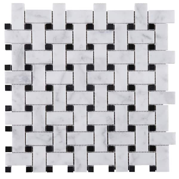 MOLOVO Carrara Black Dot 12.01 in. x 12.01 Basketweave Polished Marble Mosaic Tile Sample