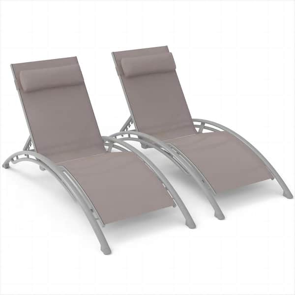 Tenleaf 2-Piece Gray Metal Outdoor Recliner in khaki Brown Seats with Adjustable Backrest and Removable Pillow